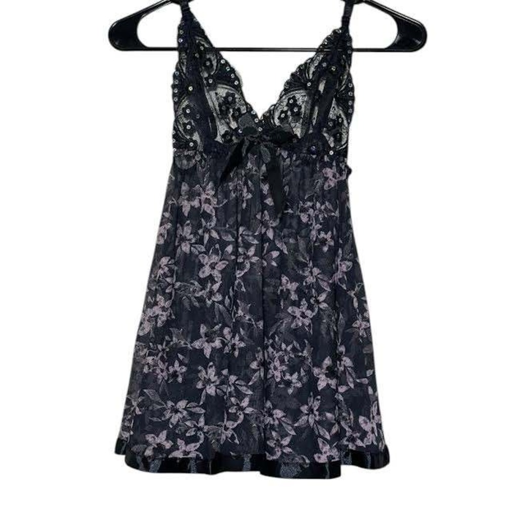 Fairy Babydoll Sheer Top Floral Lingerie Nightie Purple Lace Sequin Bow‎ Small